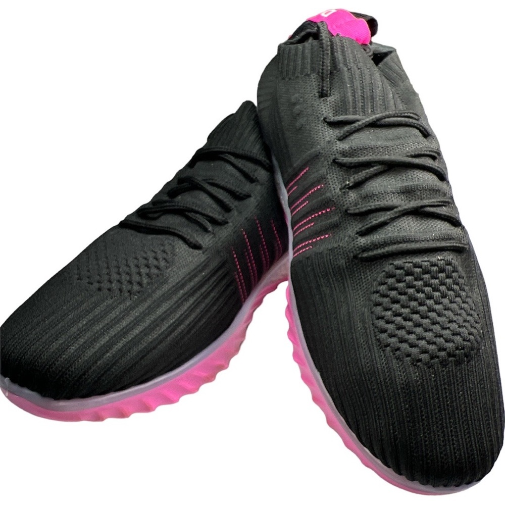 Danskin Positive 289147 Lace Up Black Neon Pink Two Tone Gel Sock Knit Sneaker